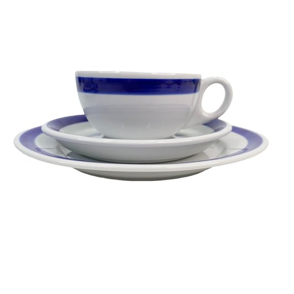 Crate Barrel Cobalt Blue Band Cup Saucer Dessert Plate Breakfast Set 2 Bistro - Picture 9 of 10